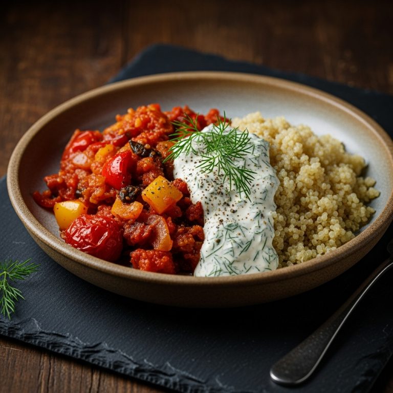 Sumptuous Vegan Hungarian Feast: Lecsó with Quinoa and Creamy Tofu-Dill Sauce
